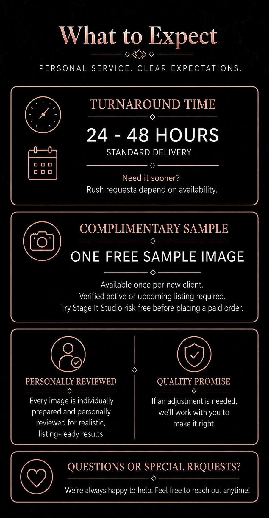Realistic virtual staging with 24 to 48 hour turnaround and clear client communication.